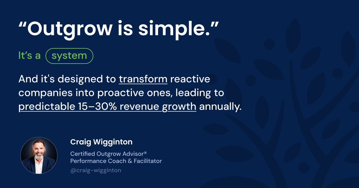 Quote graphic featuring Craig Wigginton with a bold statement about the simplicity of the Outgrow System and its ability to generate 15–30% predictable annual revenue growth by shifting companies from reactive to proactive.